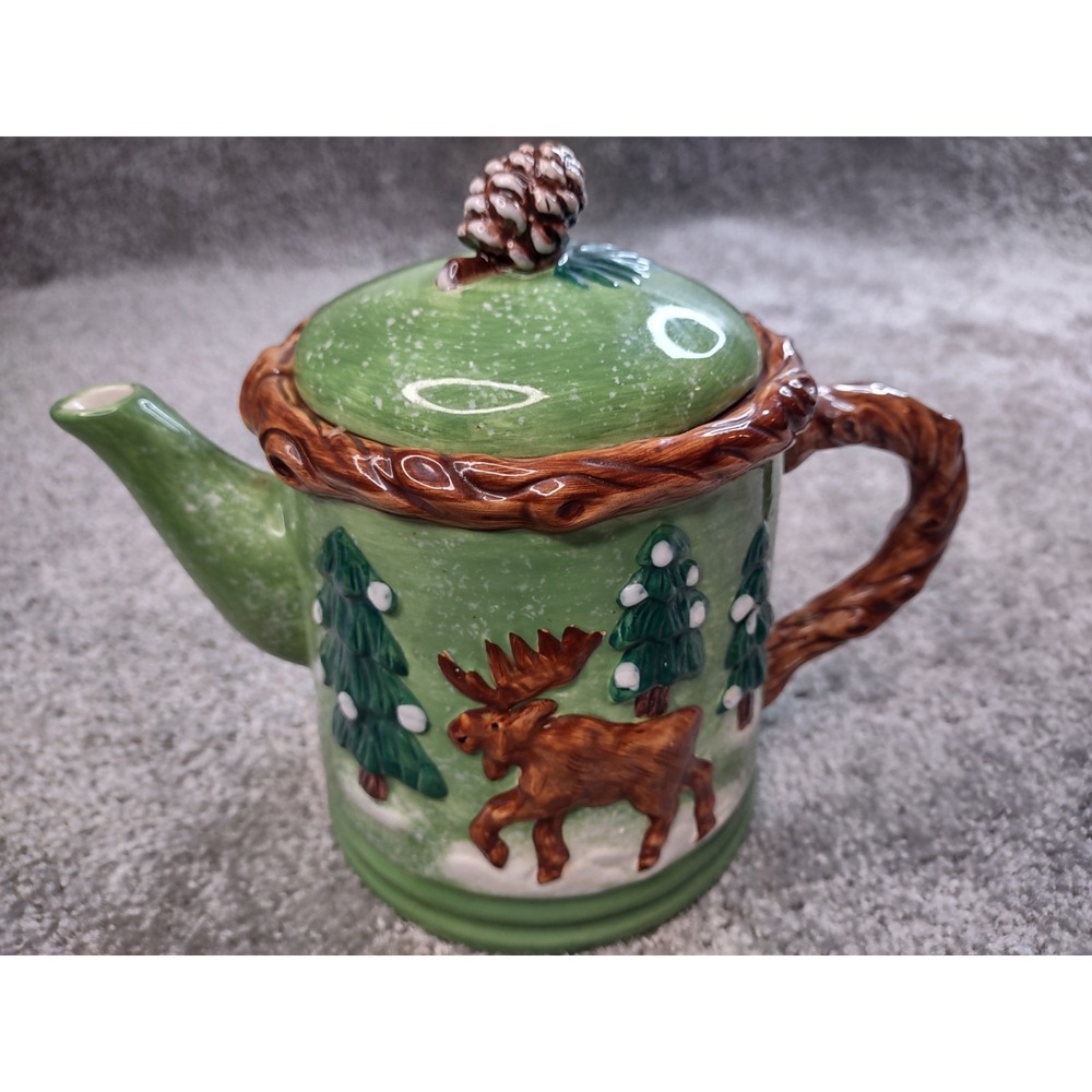 China Teapot BICO Woodlands Bears & Moose in the Forest  Green  Brown CHRISTMAS‎